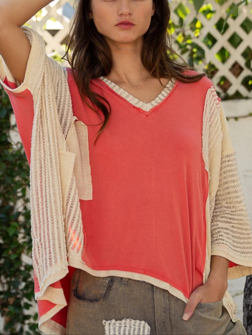 POL Peach Cream Oversized Bohemian Top featuring net sleeves and patchwork